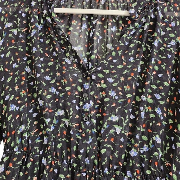Club Monaco Taisie Mini‎ Dress 4 Black Floral Silk Sheer Button  Front Boho - Picture 2 of 15